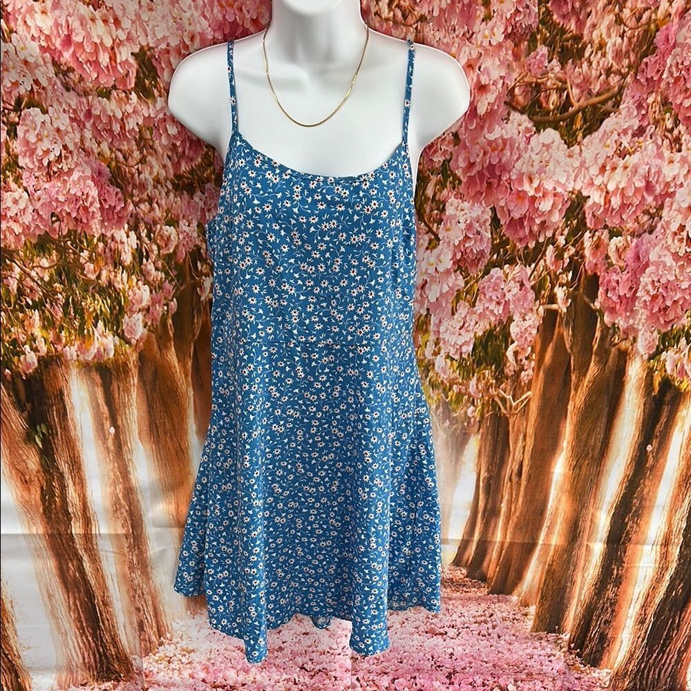 Floral Blue Spaghetti Strap Mini Dress | Lightweight Summer Dress | Size Large